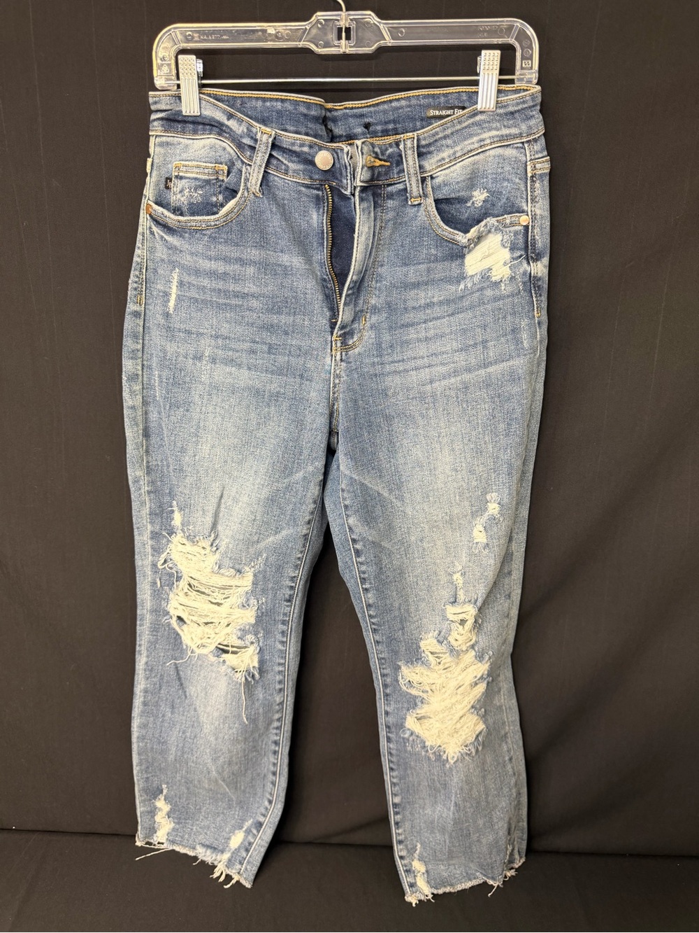 Judy Blue Straight Fit Jeans 7/28 Distressed Medium Wash Raw Hem Denim
